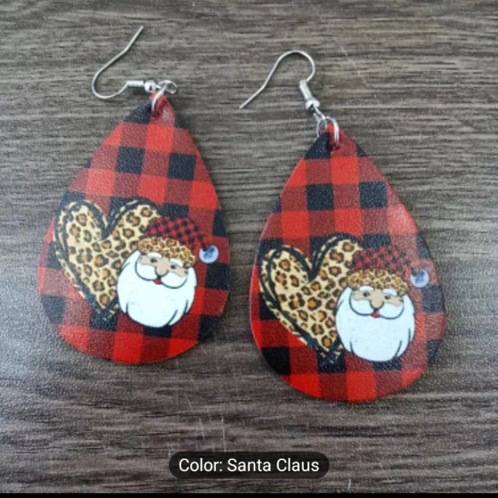Earrings‎ Christmas Santa plaid leopard teardrop Pu leather New e66